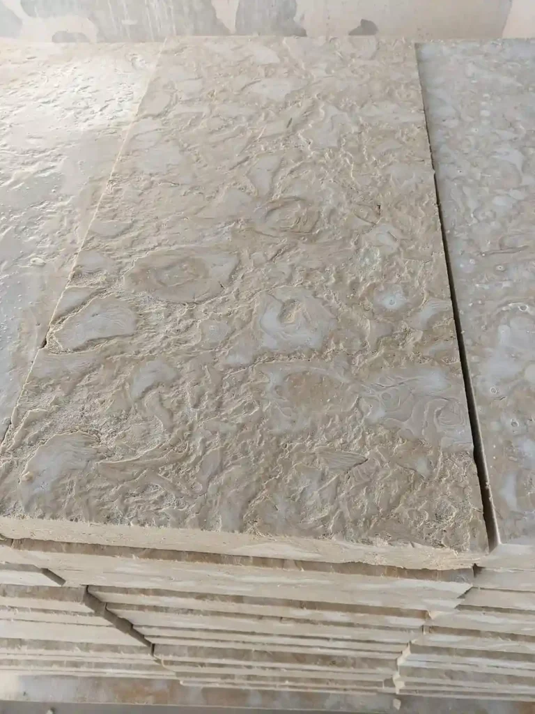 Close-up of the distressed and antique texture of Ocean Reef shellstone pavers with visible shells.