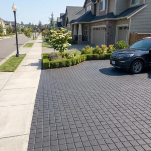 Eye-level view of a suburban driveway paved with square dark charcoal cobble stones, featuring a parked SUV, manicured boxwood hedging, and suburban houses.
