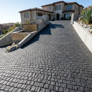 Low-angle view looking up a steep luxury residential driveway paved with dark charcoal paving stones, flanked by concrete retaining walls, stone water features, and a Mediterranean estate.