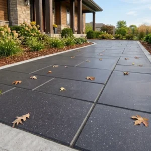 Low ground-level view of a wide straight front walkway paved with large honed-finish black stone slabs, edged with a light concrete border and scattered with fallen brown leaves, leading toward a home's front porch.
