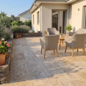 Travertine-look stone pavers on a sunlit patio with wicker lounge chairs, a wooden coffee table, and potted lavender and geraniums beside a stucco bungalow