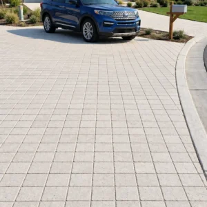 Ground-level vertical view looking up a White Limestone Belgian Block driveway laid in a grid pattern toward a parked blue SUV and a gray Craftsman-style house with a garage