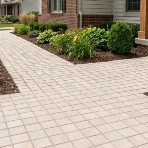 Wide eye-level view of a suburban residential front entry walkway paved with square Yellow Limestone cobble stone bordered by mulch gardens and shrubbery.
