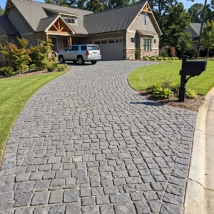 Dark grey block pavers on a curved driveway leading to a craftsman-style home with garage