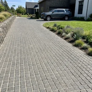 Gray sett stone driveway curves past a low stone wall and lavender bed toward a modern craftsman home with a parked SUV