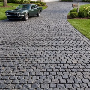 Large grey block pavers forming a textured driveway leading to a craftsman-style home