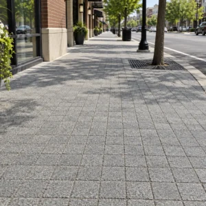 Low-angle view looking down a commercial sidewalk paved with square grey cobblestone pavers, featuring a large flower planter and storefronts.