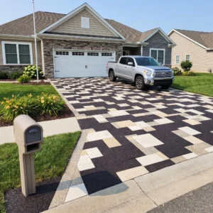Street-level view of a suburban residential driveway featuring a bold, randomized geometric pattern of black, white, and tan rectangular pavers, with a silver pickup truck parked in front of a beige house.