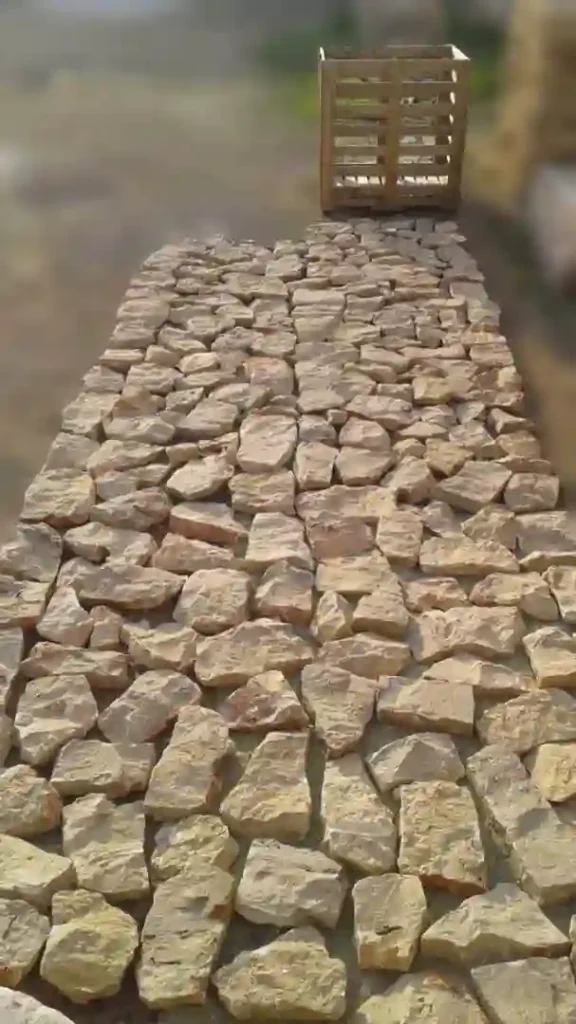 Natural limestone cobbles in random sizes showing a variety of rectangular and square shapes for rustic paving.