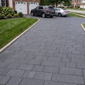 Street-level view of a broad residential driveway paved with silver-grey granite pavers laid in a classic offset pattern, leading to a brick and white-sided suburban home with two parked cars.