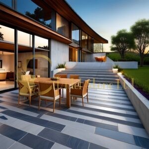 Create a refreshing outdoor space with cool slate pavers in light, neutral colors. Ideal for summer barbecues.