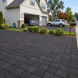 Black textured stone pavers forming a wide driveway leading to a two-car garage at a two-story suburban home, with two SUVs parked