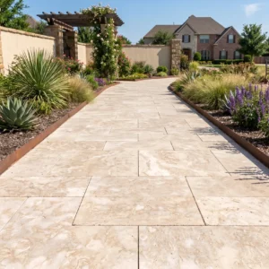 Light natural stone pavers on a walkway lined with agave, yucca, and purple salvia, leading through a rose-covered wooden pergola gate to a large stone-and-brick home