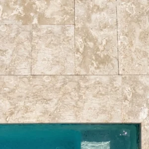 Close-up of Ocean Reef Shellstone Brushed 24x12 pavers with visible fossil texture meeting a teal pool's edge