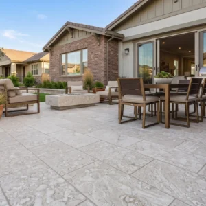 Light shell-stone pavers on a patio with a dining table, lounge chairs, built-in fire pit, and outdoor grill at a craftsman-style brick home