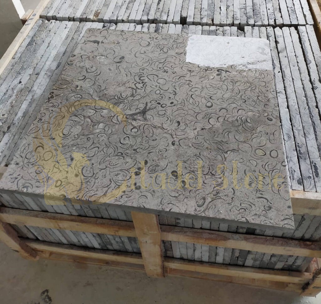 Fossil limestone tiles used in various applications around a modern home.