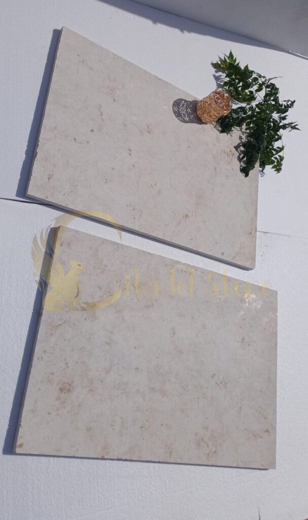 Stylish interior design featuring white limestone tiles.