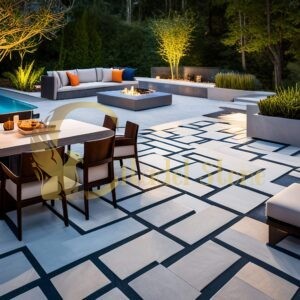 Stunning travertine tile exterior flooring for a Bahamas villa, adding timeless elegance to outdoor spaces.
