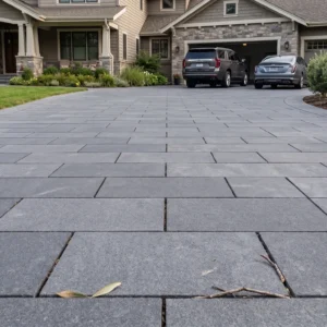 Gunmetal stone pavers laid in long courses along a driveway to a craftsman-style home with a stone-clad garage gable