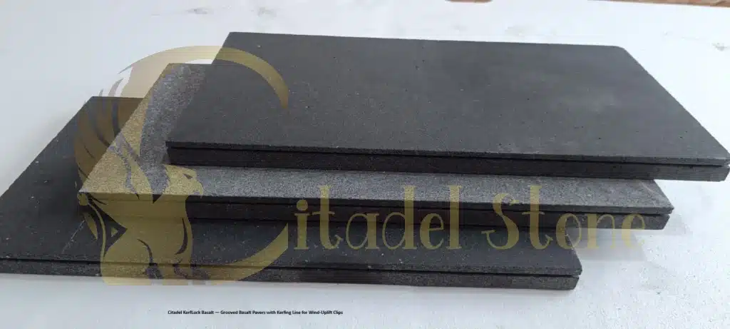 Citadel KerfLock Basalt — Grooved Basalt Pavers with Kerfing Line for Wind-Uplift Clips