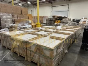 A large, polished white limestone slab in a warehouse