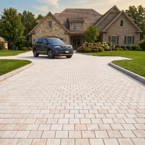 Low-angle view of a sweeping residential driveway paved with light beige rectangular paving stones, bordered by granite curbs, green lawns, and a luxury suburban home with a parked blue SUV.