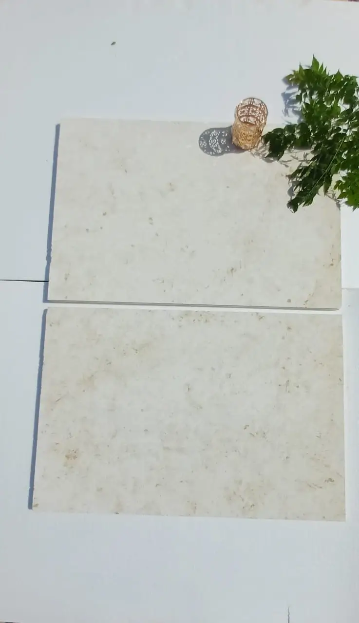 Two light gray limestone paving samples on a surface