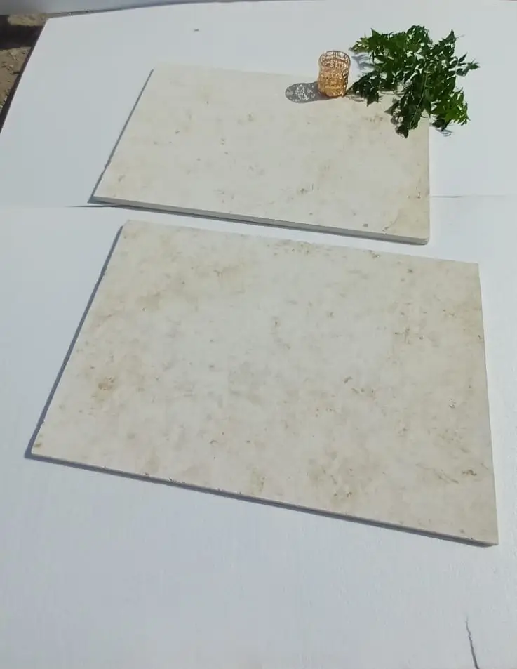 Two light-colored limestone slabs with a green leaf and decorative object.