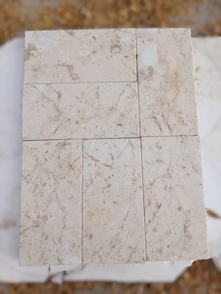 Close-up view of several beige marble tiles with natural veining.