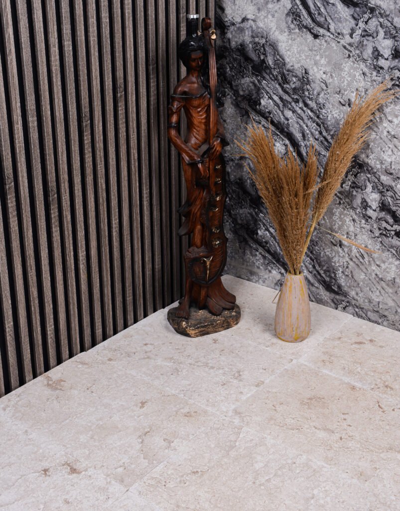 Polished cream limestone floor tiles warm ivory with amber inclusions