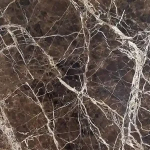Polished Emperador Dark Marble flooring in a luxury living room showing rich chocolate-brown tones with cream and gold veining