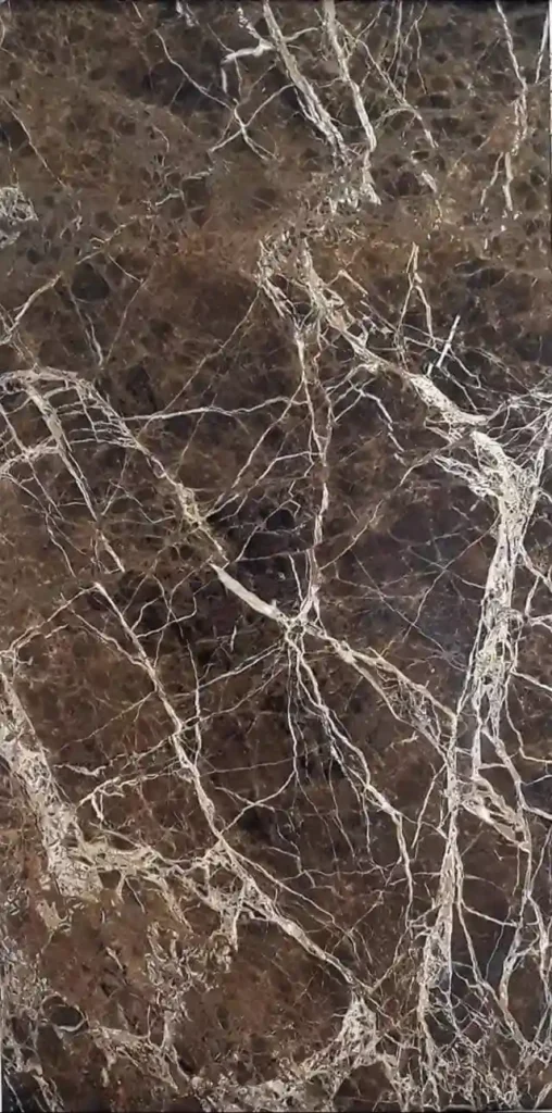 Polished Emperador Dark Marble surface detail showing rich chocolate-brown base with cream and gold veining