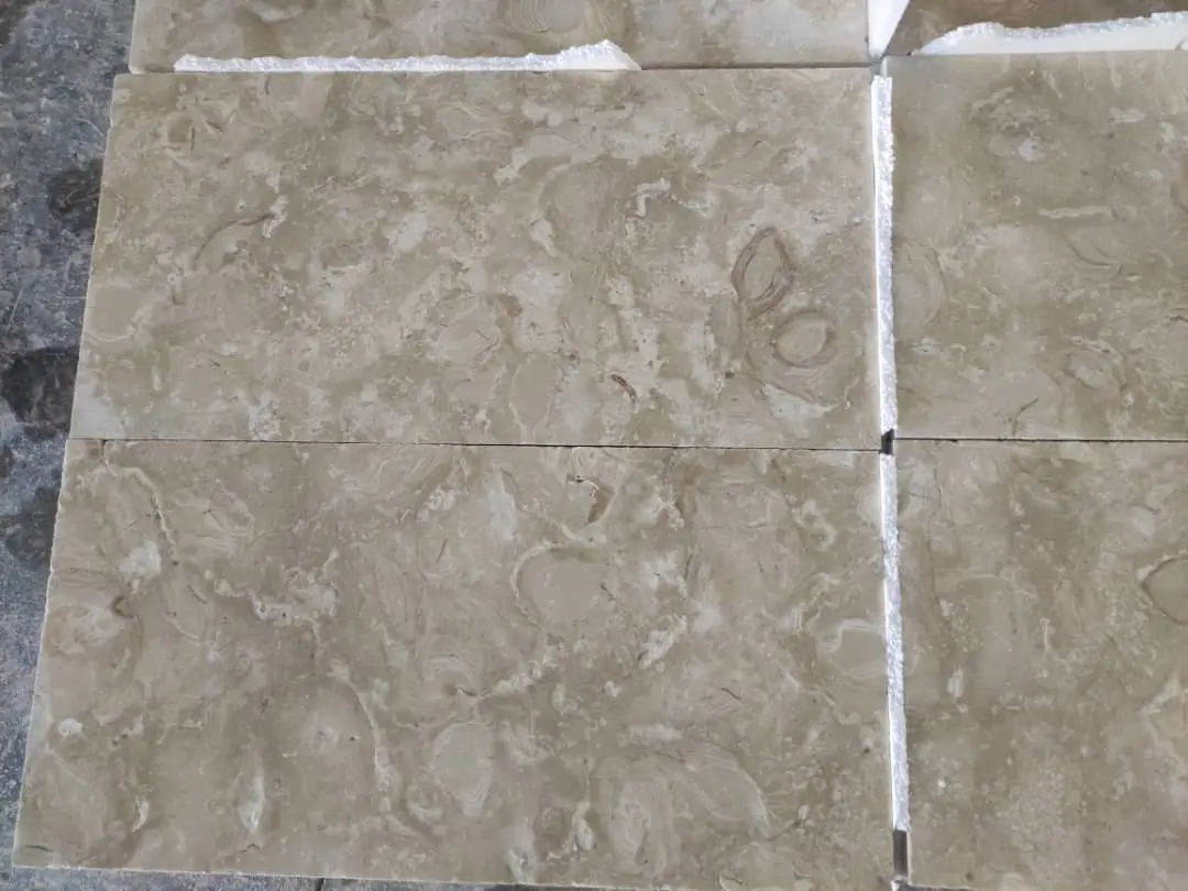 Beige Limestone Tiles with Fossil Details Close-up view of beige limestone tiles showcasing natural patterns and fossil inclusions, pictured for stone steps on a slope.