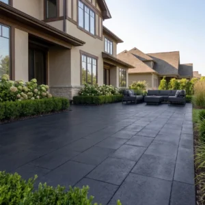 Vertical view of a large black natural stone patio behind a two-story Craftsman home, featuring boxwood hedges, blooming hydrangeas, and an outdoor fire pit seating area.