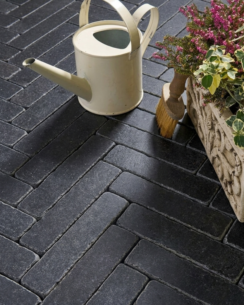 Brushed black basalt plank setts, 8″×2″×2″
