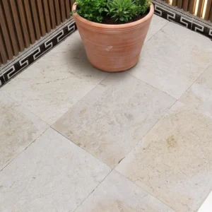 Sawn cream limestone tile showing brown and grey veining at full contrast