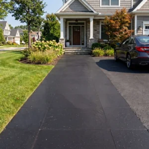Ground-level view of a wide, textured black stone walkway with an antique finish leading to the front porch of a grey siding home, bordered by a green lawn and a dark parked car.
