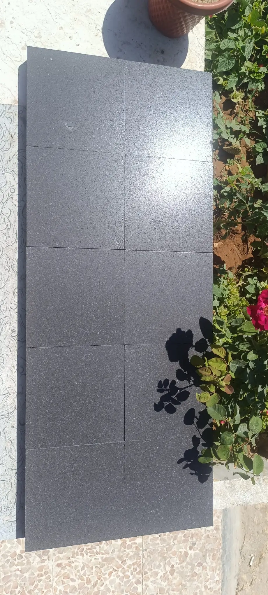 Dark limestone pavers create a clean, modern outdoor surface next to vibrant green plants, an example for honed grey limestone finish guide.