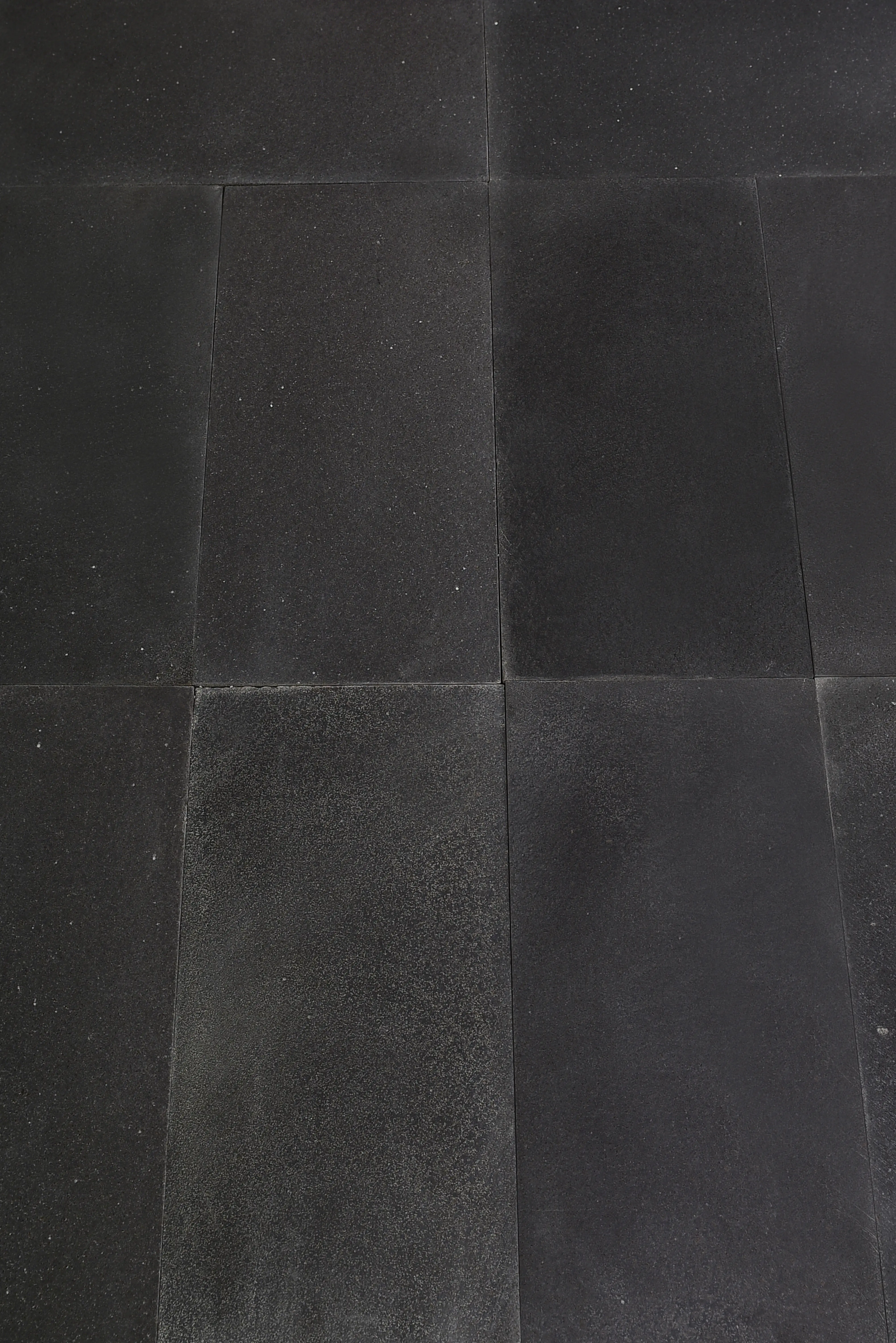 Close-up of dark limestone floor tiles showing speckled texture and grout lines, relevant to blue limestone problems and fixes.
