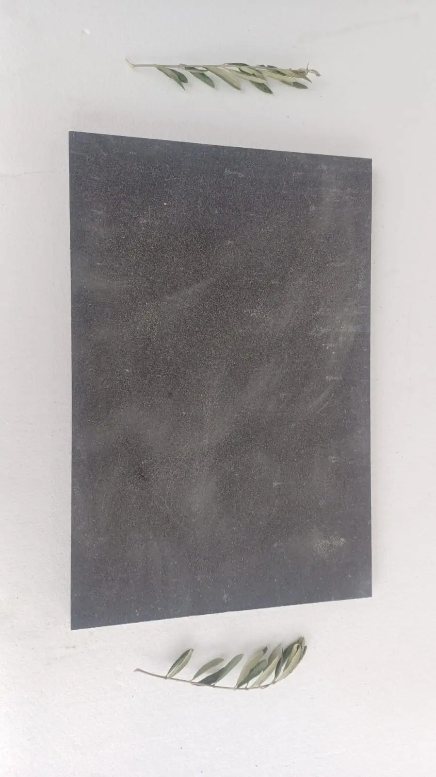 Close-up of a dark, speckled natural stone slab with olive branches above and below, shown for garden cobble stones.