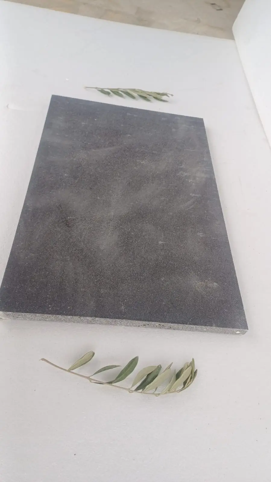 Dark textured basalt slab with olive branches for garden paving, shown for Landscape Stone Yard.