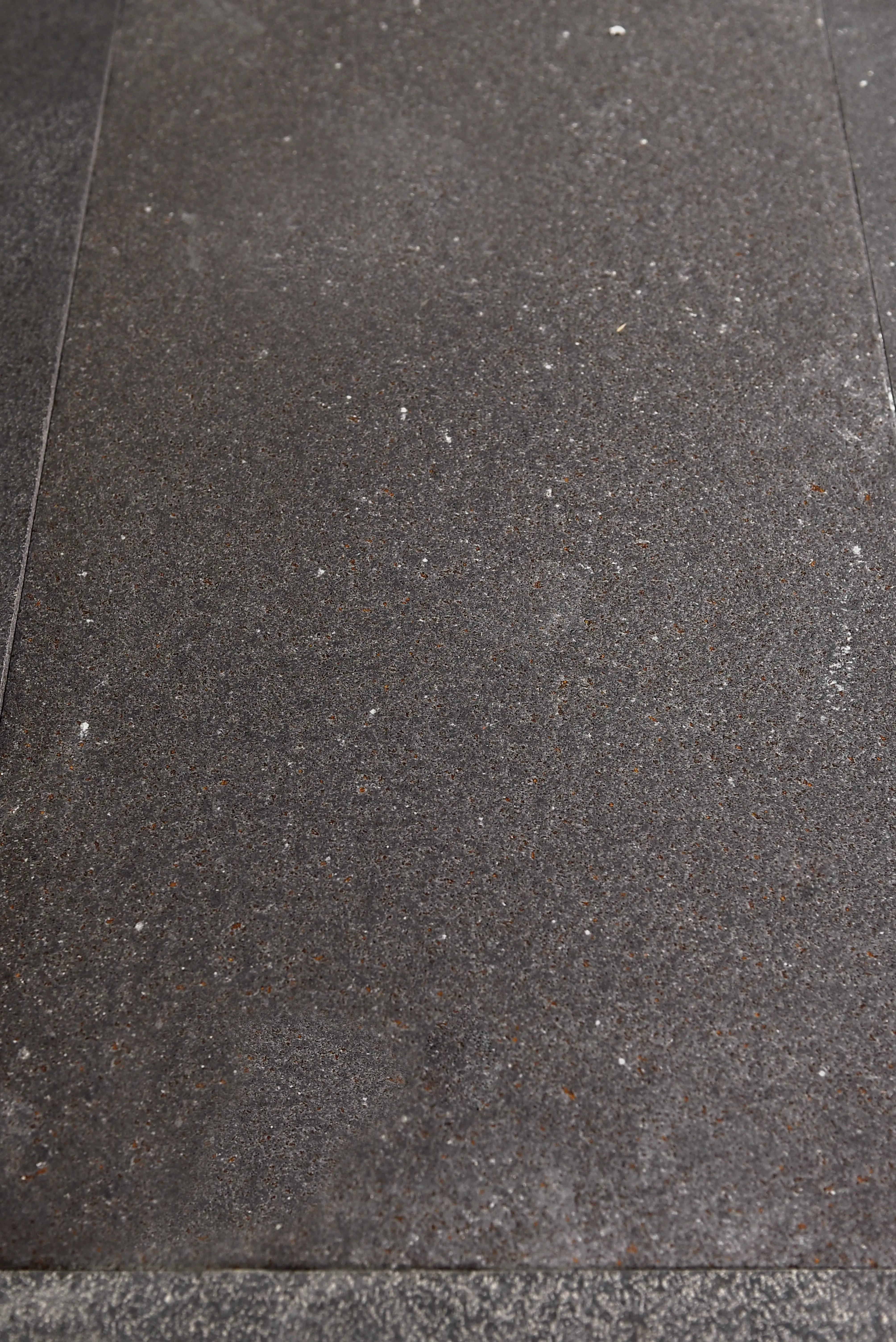 Close-up view of speckled dark granite pavers with visible texture and small white flecks, a reference for landscape design with stone.