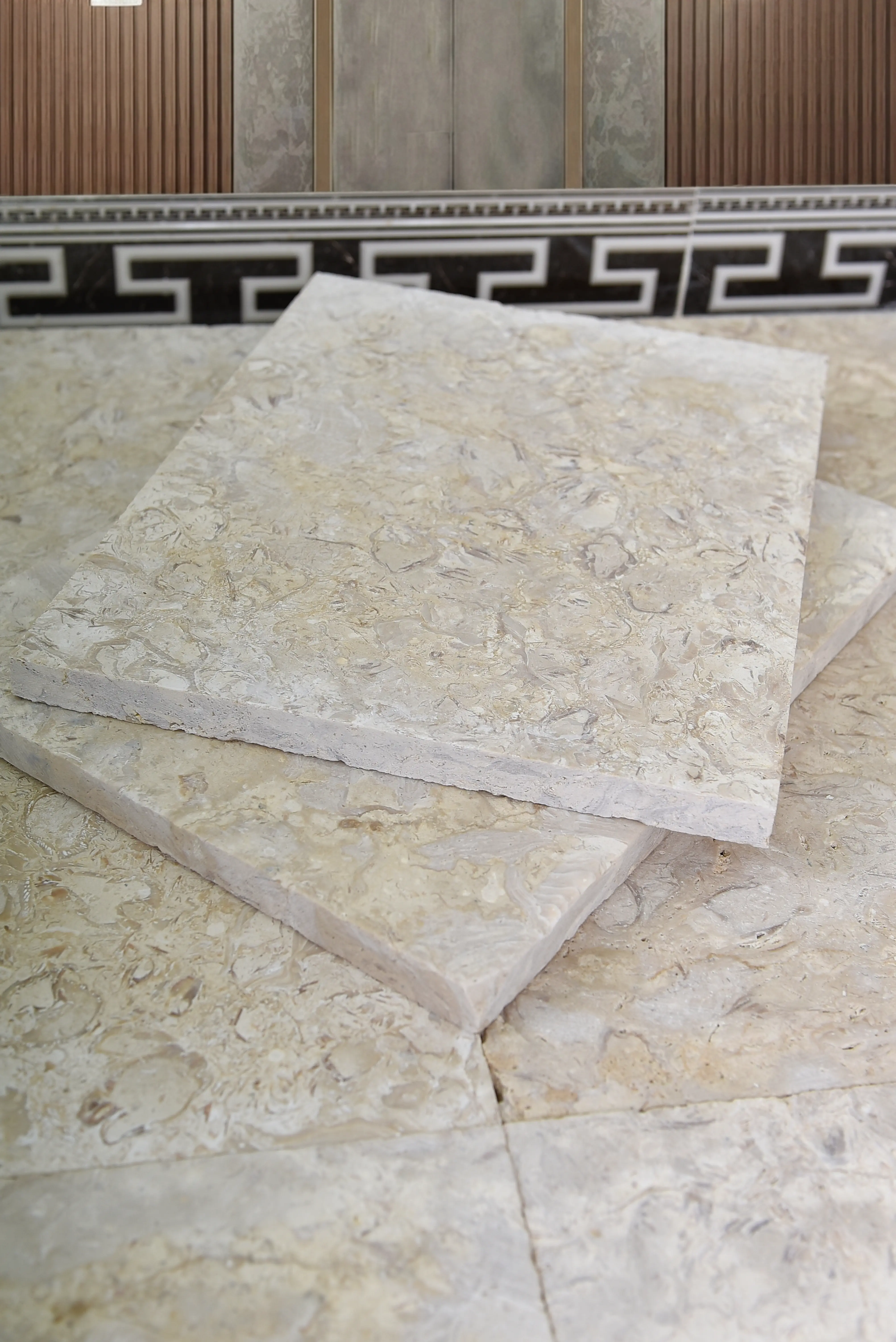 Close-up surface texture of limestone tiles showing natural veining and fossil details, shown for permeable pavers cost.