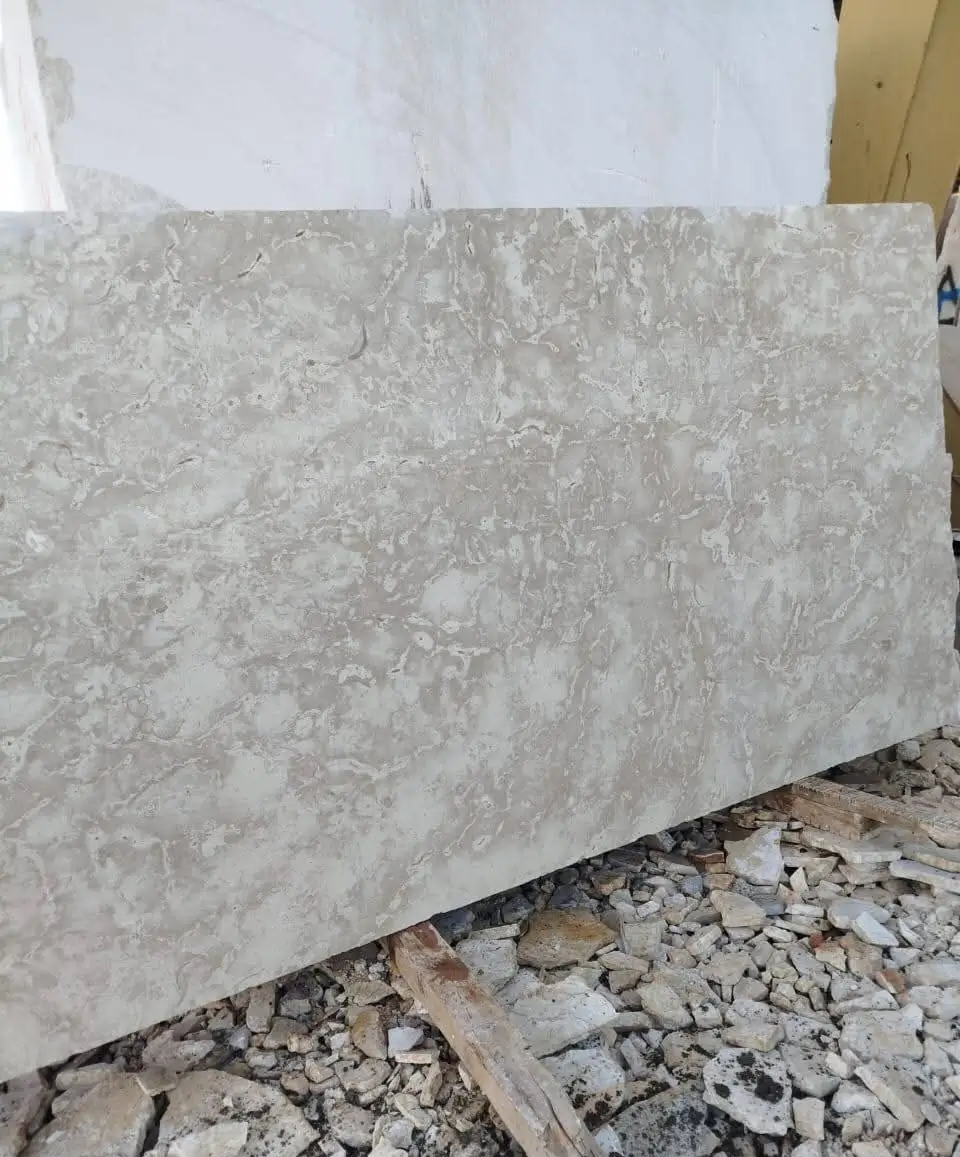 Close-up of a polished light limestone slab featuring intricate natural veining patterns, relevant to fossil limestone slabs guide.