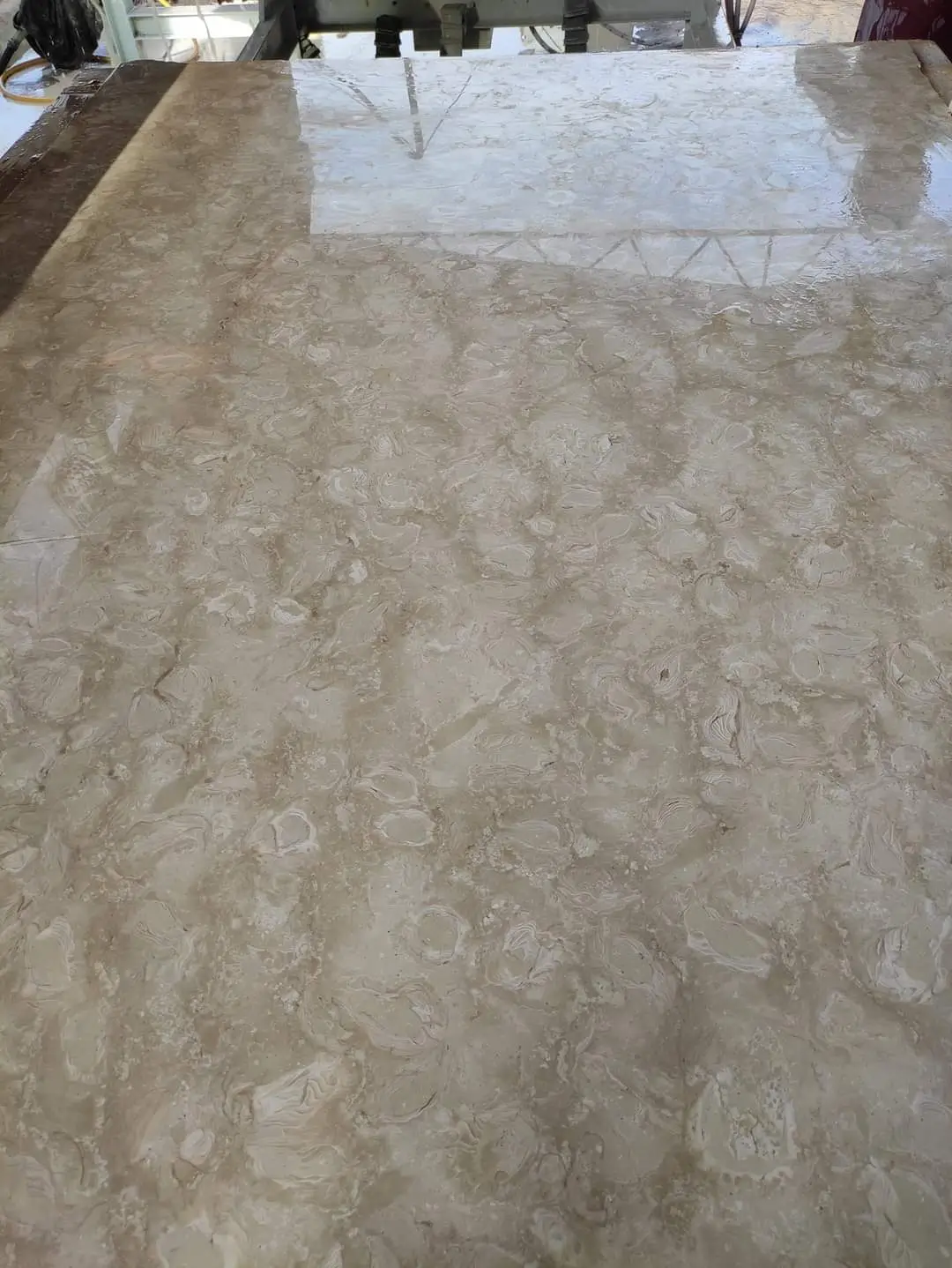Close-up of polished beige marble slab showcasing natural veining and fossilized inclusions, pictured for granite curb installation problems.