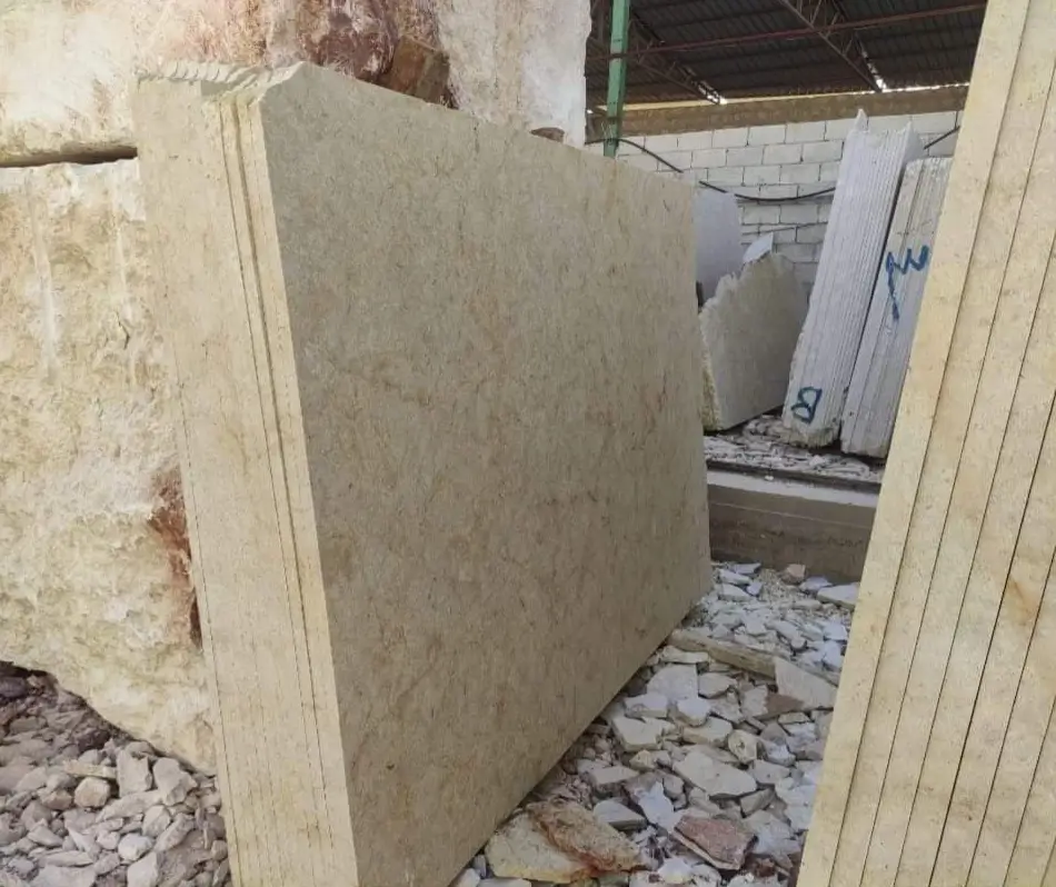 Several stacked slabs of beige travertine show natural earth tones and subtle variations in texture, an example for travertine coping.