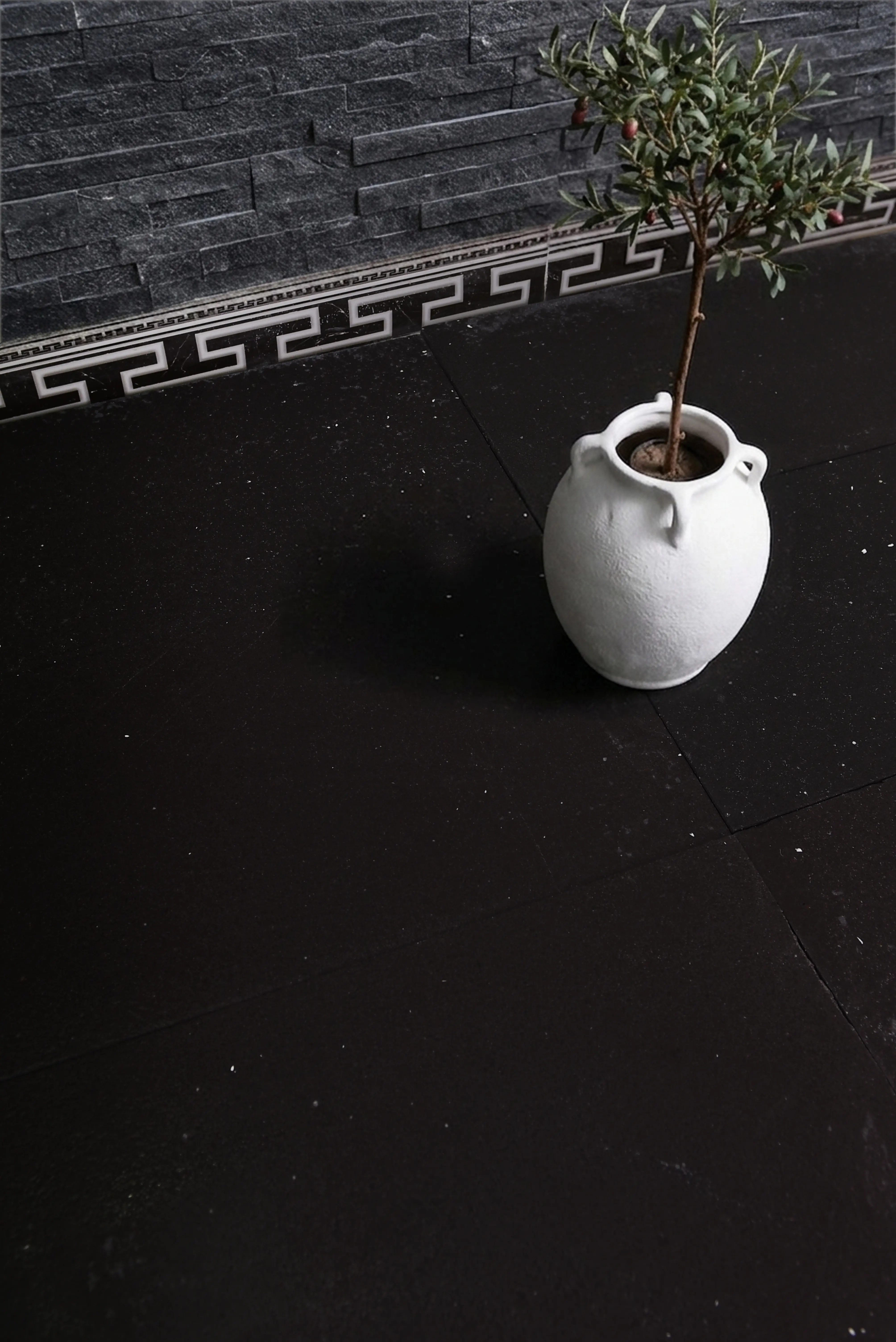 White ceramic pot with an olive tree sits on dark stone flooring, shown for how to cut paving stones.