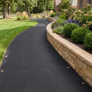 Curved walkway made of smooth dark charcoal stone pavers bordered by a beige stacked stone retaining wall with garden flowers.