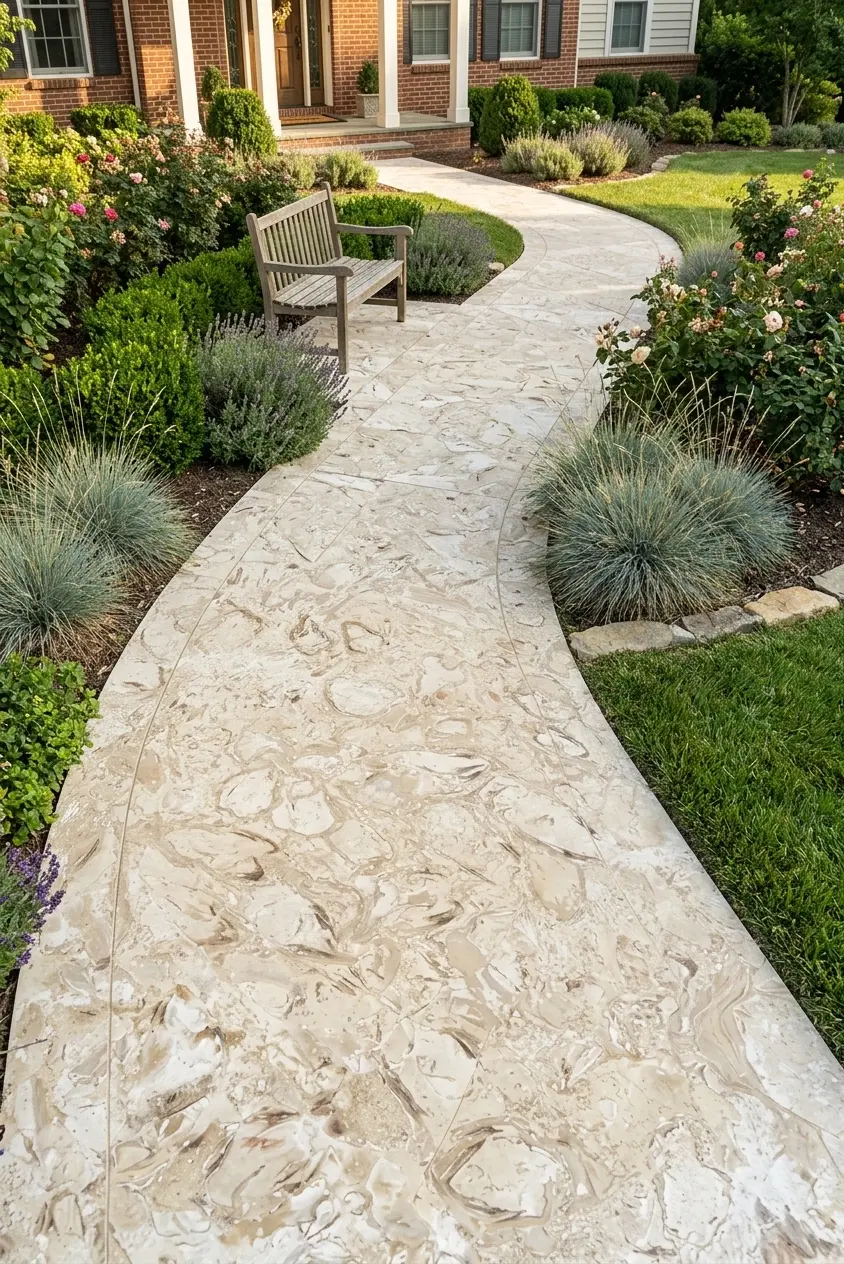 Curving Patio Path with Bench Curving natural stone pavers path leading to a home with a wooden bench, relevant to large format tiles for bathroom.