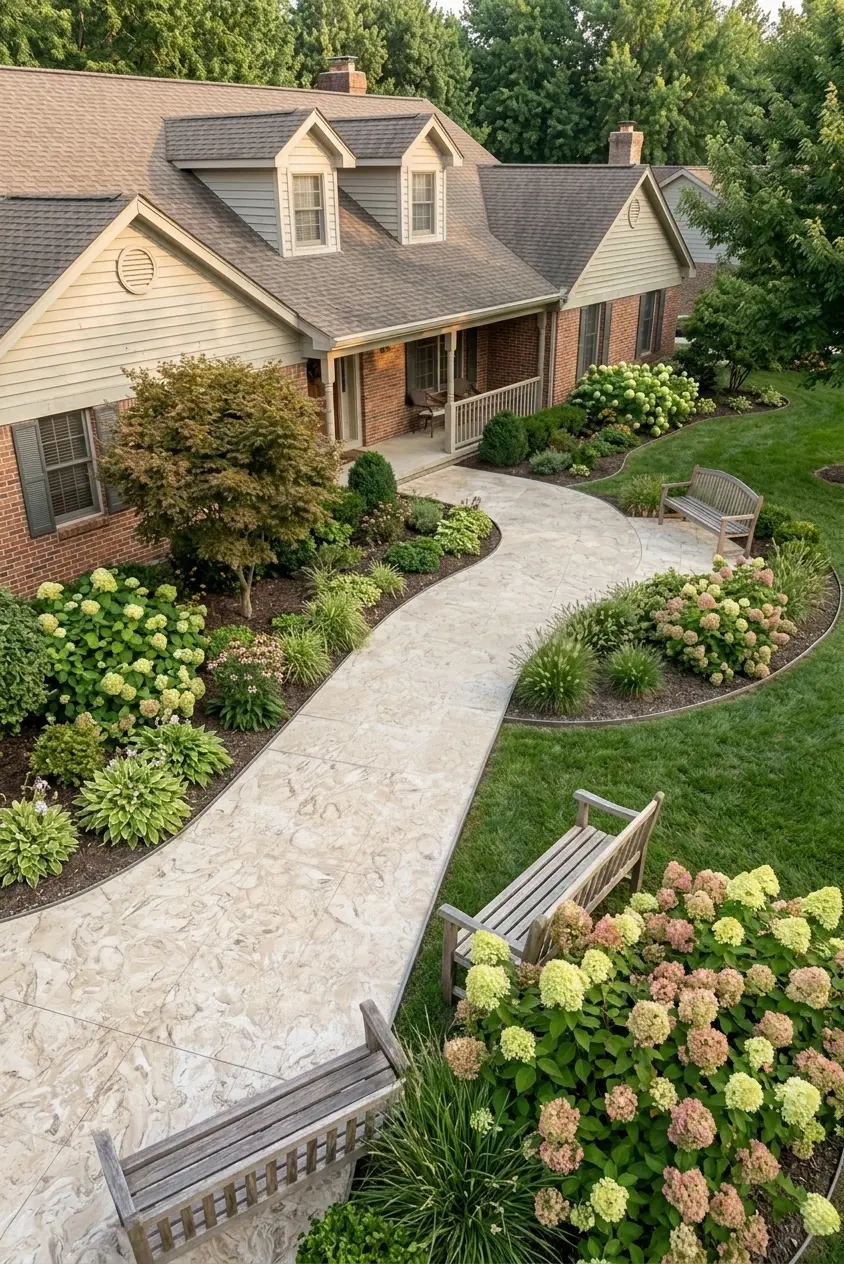 Curving Stamped Concrete Walkway in Landscaped Garden Beautifully stamped concrete walkway leading to a home with lush landscaping and hydrangeas, a reference for large format tiles for bathroom.